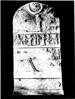 Above: STELE OF UR-NAMMU, reconstructed and partially restored. Above left the symbols of Ishtar and Nanna on a figure speaking to Nanna. 2nd register: libation scene of Ur-Nammu. 3rd register: Ur-Nammu carries the tools to build the ziqqurat. Below: IMPRESSION OF THE SEAL OF UR-NIGINGAR, archivist, found at Ur. On the left sits King Ibbi-Sin, whom the inscription calls "god of his land"; on the right the archivist and behind him a goddess are in adoration.