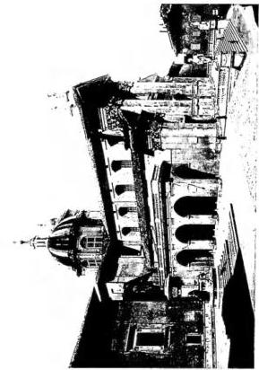 Above left: SIDE AND FAÇADE OF THE CHURCH OF S. FRANCESCO, rebuilt in 1740 with the portico of the 14th cent. - Urbino. Above right: EXTERIOR OF THE DUOMO, begun in 1447 by L. Laurana. The façade was completed in 1801, on a design by C. Marigia (1743-95). Below left: EXTERIOR OF THE CHURCH OF S. BERNARDINO (15th cent., attributed to F. di G. Martini or to D. Bramante). Below right: DUCAL PALACE: sides facing Piazza V. Emanuele and Piazza Duca Federico. The Palace, begun in c. 1447, was continued and transformed by L. Laurana, after 1468 and raised by one storey by G. Genga around 1583.
