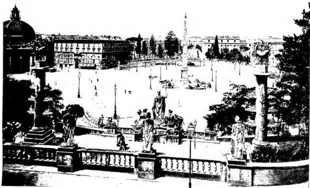 Above: PIAZZA DEL POPOLO seen from the Pincio, in the layout by Valadier - Rome. Below left: FAÇADE OF THE CHURCH OF S. ROCCO - Rome. Below right: INTERIOR OF THE CHURCH OF S. CRISTINA - Cesena.
