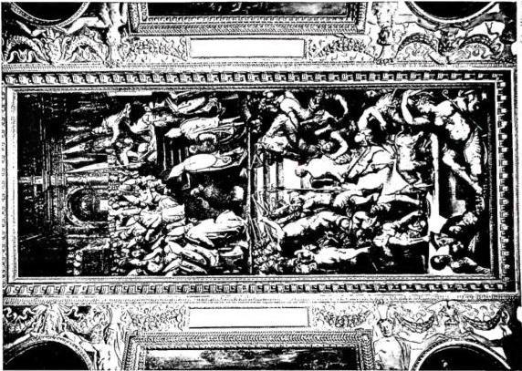 Above left: FAÇADE OF THE PALAZZO DEGLI UFFIZI on the Lungarno by G. Vasari with completions by A. Parigi (1560-85) - Florence. Below left: INTERIOR OF THE CHURCH OF S. STEFANO DE' CAVALIERI - Pisa. Right: CLEMENT VII CROWNS CHARLES V. Ceiling of the Sala di Clemente VII - Florence, Palazzo Vecchio.