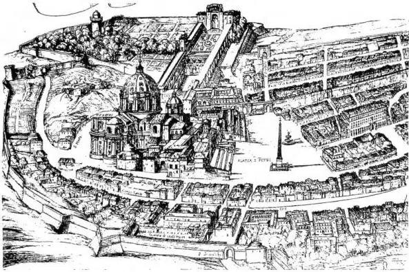 ST. PETER'S, THE PALACES AND THEIR IMMEDIATE SURROUNDINGS. Detail of the plan of Rome, at the time of Clement VIII, drawn by Antonio Tempesta in 1593, reproduce