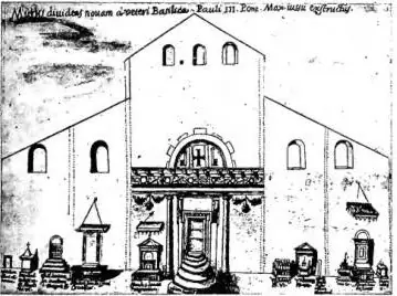 Above left: BASILICA OF ST. PETER. Dividing wall of Paul III to separate the new from the old construction. Drawing by G. Grimaldi - Biblioteca Vat., coll. R. th. lat. 2735, f. 115. Above right: ATRIUM AND FACADE of the ancient basilica of St. Peter (16th-17th cent.), drawing by D. Tasselli (early 1