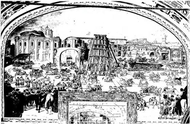Above: SOUTH SIDE OF THE BASILICA OF ST. PETER. Transport of the obelisk by Domenico Fontana (30 Apr. - 10 Sept. 1586) following the order given by Sixtus V. Fresco of the second "Sala Sistina", executed under the direction of Giovanni Guerra and Cesare Nebbia (1588-89) - Biblioteca Vaticana. Below: ST. PETER'S SQUARE AND BASILICA with the obelisk moved by Sixtus V. Panel of the "Salone Sistino". Fresco executed under the direction of Giovanni Guerra and Cesare Nebbia (1588-89) - Biblioteca Vaticana.