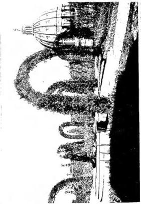 Above left: MICHELANGELO'S PROJECT for the basilica and square of St. Peter. Fresco of the second "Sala Sinina", executed under the direction of Giovanni Guerra and Cesare Neldon (1588-89) - Biblioteca Vaticana. Above right: THE DOME seen from the Vatican Gardens. Below left: ST. PETER'S SQUARE, executed by G. L. Bernini from 1656 to 1666. The fountain is by Madero, but arranged by Bernini. Below right: REAR PART of the basilica of St. Peter, with the buildings destroyed following the urban reorganization of Vatican City, begun in 1929.
