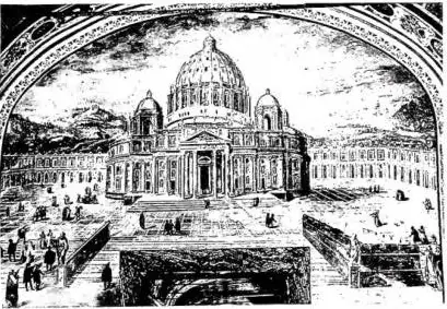 Above left: MICHELANGELO'S PROJECT for the basilica and square of St. Peter. Fresco of the second "Sala Sinina", executed under the direction of Giovanni Guerra and Cesare Neldon (1588-89) - Biblioteca Vaticana. Above right: THE DOME seen from the Vatican Gardens. Below left: ST. PETER'S SQUARE, exe