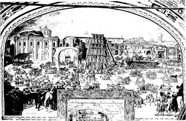 Above: SOUTH SIDE OF THE BASILICA OF ST. PETER. Transport of the obelisk by Domenico Fontana (30 Apr. - 10 Sept. 1586) following the order given by Sixtus V. Fresco of the second "Sala Sistina", executed under the direction of Giovanni Guerra and Cesare Nebbia (1588-89) - Biblioteca Vaticana. Below: ST. PETER'S SQUARE AND BASILICA with the obelisk moved by Sixtus V. Panel of the "Salone Sistino". Fresco executed under the direction of Giovanni Guerra and Cesare Nebbia (1588-89) - Biblioteca Vaticana.