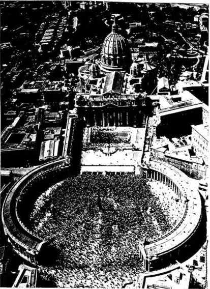 Left: AERIAL VIEW OF ST. PETER'S SQUARE AND BASILICA, after the Easter blessing "Urbi et Orbi", of Easter 1950. Right: INTERIOR OF THE MAJOR APSE of the basilica of St. Peter during a canonization.