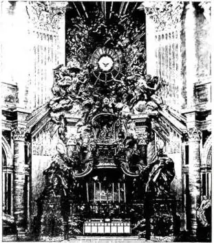 Above left: THE ALTAR OF THE CHAIR with the so-called "glory", work by G. L. Bernini (1658-66) - Basilica of St. Peter. Above right: FUNERARY MONUMENT OF GREGORY XVI, erected in 1855, work by Luigi Amici - Basilica of St. Peter, Cappella Gregoriana. Below: BRONZE GRILLE of the chapel of the Sacramen