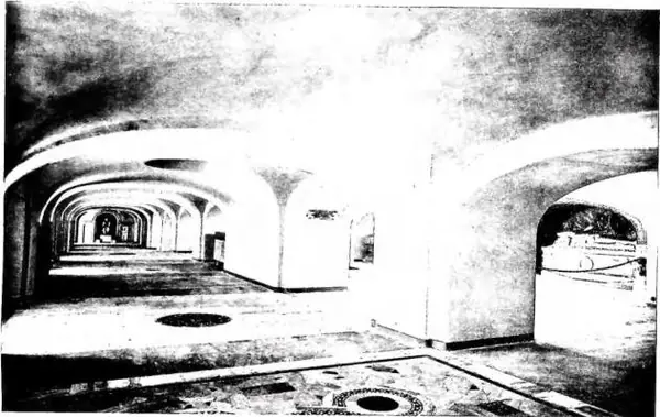 Above: NEW ARRANGEMENT OF THE VATICAN GROTTOES inaugurated by Pius XII on 5 June 1950. Central nave, on the right the tomb of Pius XI. Below: NEW ARRANGEMENT OF THE VATICAN GROT- TOES. Hall of the early Christian sarcophagi, in the centre the sarcophagus of Junius Bassus (359).