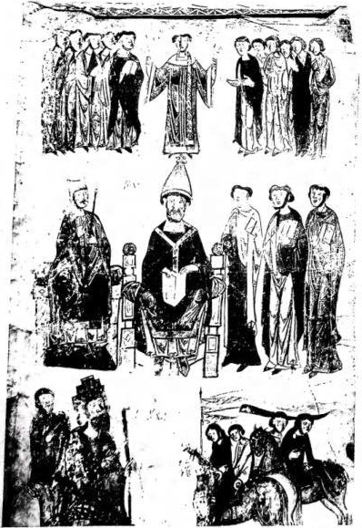Left: POPE WITH TIARA, to his right a bishop with mitre. Miniature from the Exultet no. 3 (12th cent.), preserved in the archive of the cathedral of Troia. Right: SIXTUS II WITH TIARA. The Pope hands over the treasures of the church to St. Lawrence. Detail of the frescoes by Beato Angelico in the chapel of Nicholas V (1448-49) - Vatican Apostolic Palace.