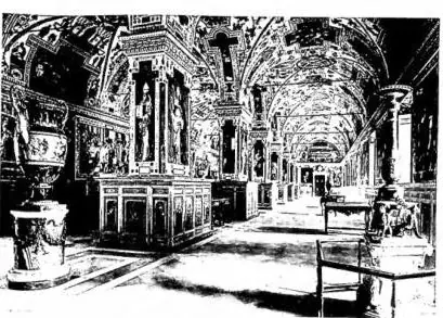 Above left: THE FIRST OF THE "SALE PAOLINE" of the Biblioteca Vaticana, frescoed under Paul V (1610-11). On the back wall, scene of the canonization of St. Charles Borromeo. Above right: LIBRARY OF SIXTUS V OR "SALONE SISTINO", frescoed under the direction of Giovanni Guerra and Cesare Nebbia (1588-