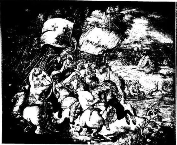Above: BATTLE OF TOLBIAC. The stag shows the Franks the way to reach the enemy (1547) - Rome, church of St. Louis of the French. Below: DETAIL OF THE MARBLE CHOIR ENCLOSURE OF THE CATHEDRAL - Milan.