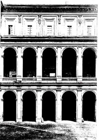 Left: COURTYARD OF THE PALAZZO DEL LATERANO, architect D. Fontana (1986). Under the portico, pagan epigraphic collection; in the loggia Christian epigraphic collection arranged by G. B. De Rosa. Right: SOPHOCLES, statue found at Terracina in 1839 and restored by P. Tenerani. Replica of a Greek origi