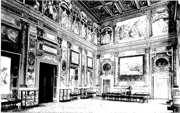 Above: HALL OF THE POPES or of the Conciliation in the Pontifical Lateran Missionary-Ethnological Museum, where the Lateran Pacts were signed on 11 Feb. 1929. On the walls, frescoes with the works of Sixtus V (1585-90), and portraits of the first Popes for each name, from St. Peter to St. Sylvester.