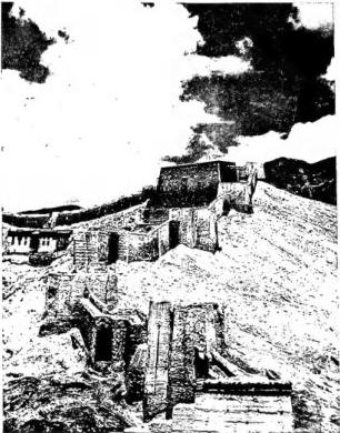 Above left: WALLS OF GYANTSE. Above right: TIBETAN LIBRARY. Below left: READING OF THE SACRED BOOKS IN A TEMPLE OF GYANTSE to obtain rain. Below right: LAMA OF NGOR, important dignitary of the Sakya sect, a sect that in the 13th-14th cent. received investiture over all Tibet from the Chinese emperors.
