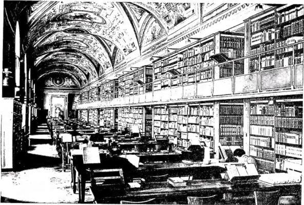 Above: VATICAN LIBRARY. Reading room renovated in 1933, with metal shelving. In the background, bust of Leo XIII who was its founder. Below: VATICAN LIBRARY. Reading room renovated in 1933 with the general catalogue of printed books.