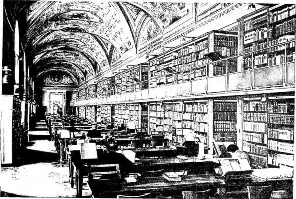 Above: VATICAN LIBRARY. Reading room renovated in 1933, with metal shelving. In the background, bust of Leo XIII who was its founder. Below: VATICAN LIBRARY. Reading room renovated in 1933 with the general catalogue of printed books.
