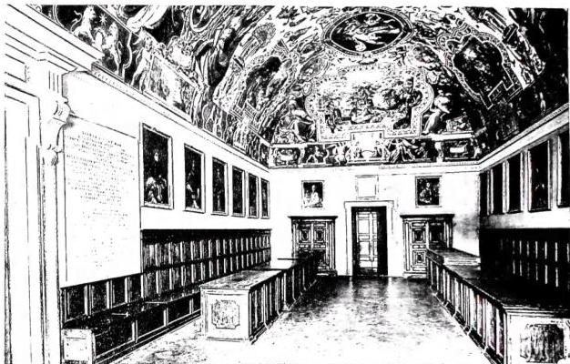 Above: HALL KNOWN AS OF THE WRITERS in the Library of Sixtus V (1585-90), frescoed by Paolo Brill and Marco da Faenza. Beside the door, which leads into the great "Sistine Hall", marble tablet with inscription summarizing the history of the Pontifical Library. On the walls, portraits of the cardinal librarians. Desks and benches from the 16th cent. Below left: NEW STACKS of the Vatican Library with metal shelving, commissioned by Pius XI (1928 and 1931). Six floors with a linear development of ca. 35 km. Third floor: the supporting structure of the vault is visible. Below right: NEW STACKS of the Vatican Secret Archives, with metal shelving, commissioned by Pius XI (1933). Two floors with a linear development of ca. 13 km. Ground floor. Pius XII in 1950 renovated the old stacks equipping them with 468 cabinets with 5,500 km of metal shelving.