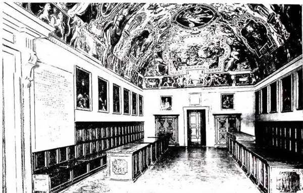 Above: HALL KNOWN AS OF THE WRITERS in the Library of Sixtus V (1585-90), frescoed by Paolo Brill and Marco da Faenza. Beside the door, which leads into the great "Sistine Hall", marble tablet with inscription summarizing the history of the Pontifical Library. On the walls, portraits of the cardinal