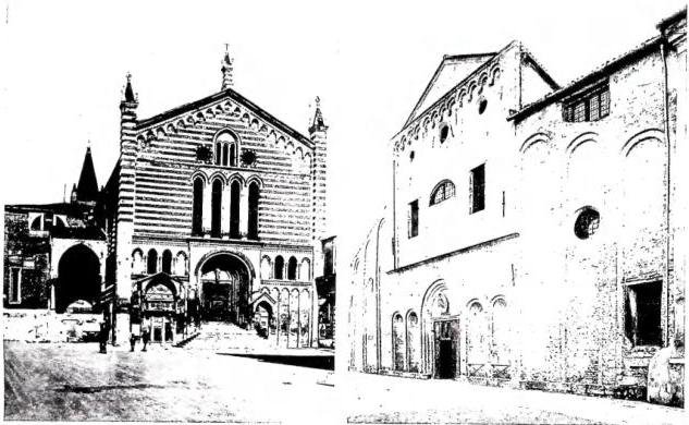 Above left: THE GOTHIC CHURCH OF S. FERMO MAGGIORE (2nd half of the 13th cent.) - Verona. Above right: FACADE OF THE CHURCH OF S. SOFIA (11th cent., completed in the 13th cent.) - Padua. Below: SIDE AND FACADE OF THE CHURCH OF S. FRANCESCO (end of the 13th cent.) - Bassano.