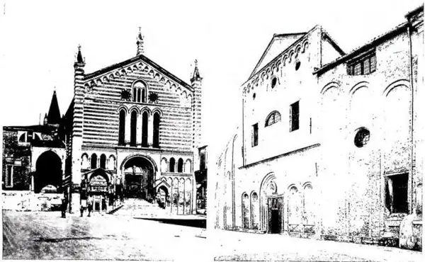Above left: THE GOTHIC CHURCH OF S. FERMO MAGGIORE (2nd half of the 13th cent.) - Verona. Above right: FACADE OF THE CHURCH OF S. SOFIA (11th cent., completed in the 13th cent.) - Padua. Below: SIDE AND FACADE OF THE CHURCH OF S. FRANCESCO (end of the 13th cent.) - Bassano.