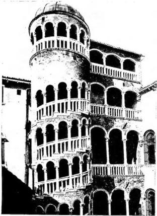 Above left: THE "SCALA DEL BOVOLO" in the Corte Contarini, in Lombardesque style (1489) - Venice. Above right: DARIO PALACE on the Grand Canal, built by P. Lombardo in 1487. Below: AERIAL VIEW of Piazza and Piazzetta S. Marco. At the centre the bell tower, on the left the domes of the Basilica and the courtyard of the Doge's Palace. In the background, on the right, the Punta della Dogana.