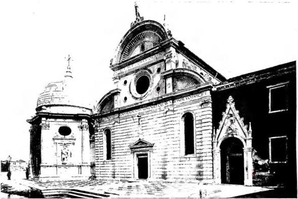 Above: FACADE OF THE CHURCH OF S. MICHELE, on the island of the same name (Cemetery of the city), work by Mauro Codussi (1469-78). On the left the Cappella Emiliana, built by G. Bergamasco (1530) - Venice. Below: UPPER HALL of the scuola of S. Rocco. The painting on the altar and the canvases on the walls and ceiling are by J. Tintoretto (1564-88) - Venice.