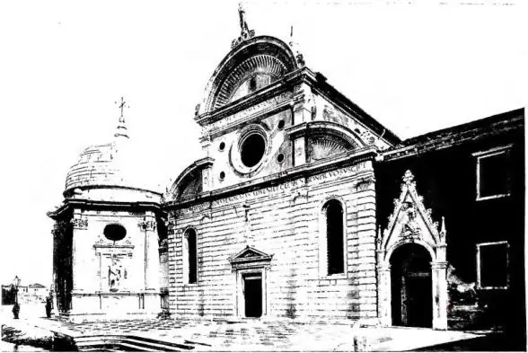 In alto: FACCIATA DELLA CHIESA DI S. MICHELE, nell'isola omonima (Cimitero della città), opera di Mauro Codussi (1469-78). A sinistra la Cappella Emiliana, costruita da G. Bergamasco (1530) - Venezia. In basso: SALA SUPERIORE della scuola di S. Rocco. Il dipinto sull'altare e i teleri delle pareti e