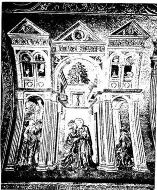 In alto a sinistra: LA VISITAZIONE. Particolare dei musaici della Cappella della Madonna dei Mascoli (sec. xv) - Venezia, basilica di S. Marco. In alto a destra: L'ASCENSIONE DI CRISTO. In basso, la Vergine fiancheggiata da due angeli e i dodici Apostoli; tra le finestre sedici virtù; nei pennacchi,