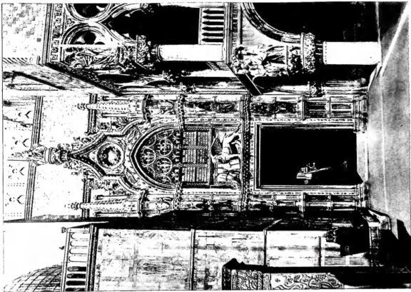 Above left: THE APOTHEOSIS OF ALEXANDER THE GREAT. Byzantine-style relief of the 12th cent. on the side of the basilica of S. Marco towards the Piazza dei Leoncini - Venice. Below left: EPISODES FROM THE LIFE OF ST. ROCCO. Wood carvings by G. Marchiori (1720). Detail of a wall of the upper hall in the scuola of S. Rocco - Venice. Right: THE SO-CALLED "PORTA DELLA CARTA", work by Giovanni and Bartolomeo Bon (1438-43) - Venice, Doge's Palace.