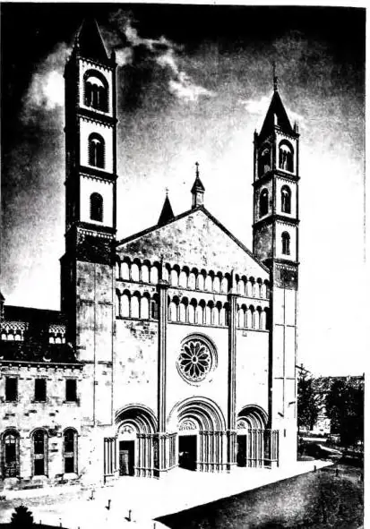 Left: FACADE OF THE BASILICA OF S. ANDREA, built in the years 1219-27 by Card. Guala Bicchieri - Vercelli. Above right: APSE OF THE ANCIENT PIEVE OF LENTA (11th cent.). Below right: CLOISTER OF THE BASILICA OF S. ANDREA (13th cent.) with vaults from 1520 - Vercelli.