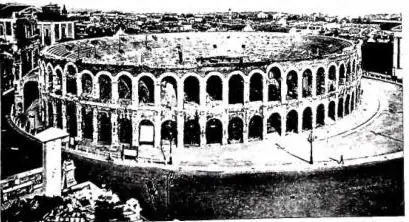 Above left: THE ARENA, Roman amphitheatre (late 1st cent. AD) - Verona. Above right: CRENELLATED OR SCALIGER BRIDGE (14th cent.) - Verona. Below left: REMAINS OF THE ROMAN THEATRE (Augustan period) on which stands the church of S. Libera, founded in 920 with 14th-cent. portico and staircase of 1697-