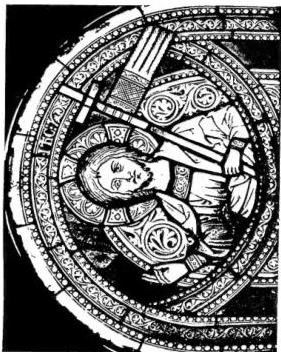 Left: SHIP, stained glass of the Palace of Jacques-Cœur (15th cent.) - Bourges. Above right: CHRIST WITH THE CROSS AND STANDARD. 13th-cent. stained glass in the church of Endre in Gotland (Sweden). Below right: ADORATION OF THE MAGI, detail of a stained glass of 1327 - Annaberg, near Mariatteli, parish church.