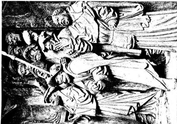 Left: THE CRUCIFIXION. Station XI, sculpture by G. Manzù (1952) - Rome, church of S. Eugenio. Right: DETAIL OF THE STATION OF THE ECCE HOMO, now no longer in use. Via Crucis with 4 stations and a Calvary, commissioned by canon Gerhard Berendonck (1325-36), depicted on the right - Xanten, Duomo.