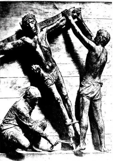 Left: THE CRUCIFIXION. Station XI, sculpture by G. Manzù (1952) - Rome, church of S. Eugenio. Right: DETAIL OF THE STATION OF THE ECCE HOMO, now no longer in use. Via Crucis with 4 stations and a Calvary, commissioned by canon Gerhard Berendonck (1325-36), depicted on the right - Xanten, Duomo.
