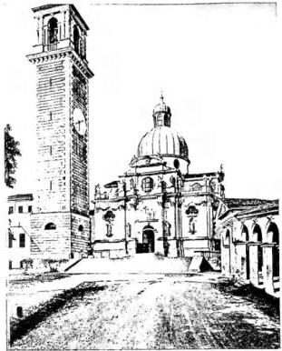 Above left: ONE OF THE THREE FACADES of the sanctuary of Monte Berico, rebuilt between 1687 and 1703 to a design by C. Borella. The bas-reliefs and statues are by Orazio Marinali (late 17th - early 18th cent.) - Vicenza. Above right: EXTERIOR OF THE CATHEDRAL (ca. 1467) - Vicenza. Below left: LOGGIA DEL CAPITANIO, begun by A. Palladio on 25 Aug. 1571 and left unfinished - Vicenza. Below right: PALAZZO BIEGO by A. Palladio (1552) - Vicenza.