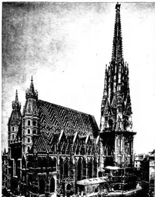 Above left: EXTERIOR OF S. STEFANO seen from the Stock im Eisen - Vienna. Above right: ROMANESQUE OSSUARY (mid-13th cent.); Romanesque-Gothic upper floor (ca. 1300) - Pulkau. Below left: INTERIOR OF S. STEFANO, after the restoration of 1945-51 - Vienna. Below right: INTERIOR OF THE PARISH CHURCH of 