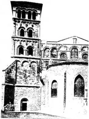 Above left: FACADE OF THE CATHEDRAL, dedicated to S. Maurice (14th-15th cent.) - Vienne. Above right: APSE AND BELL TOWER of the church of S. Andrea (12th cent.) - Vienne. Below left: INTERIOR OF THE ANCIENT BASILICA OF S. PIETRO (6th cent.), now Archaeological Museum - Vienne. Below right: CLOISTER