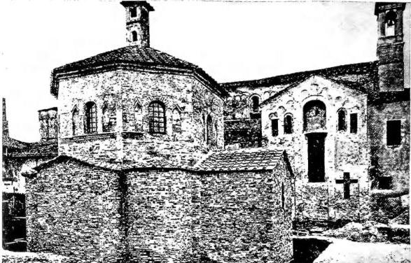 Above: EXTERIOR OF THE BAPTISTERY of Lomello (8th-9th cent.) after the restoration (1940). In the background on the right the basilica of S. Maria Maggiore (11th cent.). Below: PIAZZA DUCALE, opened in 1492 to a design by Bramante, and facade of the Duomo, executed in 1680 to a design by bishop J. Caramuel di Lobkowitz - Vigevano.