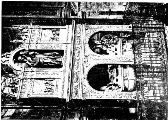 Left: ARK OF BERNABÒ VISCONTI, by a Campionese master, perhaps Bonino (late 14th cent.) - Milan, Castello Sforzesco. Right: FUNERARY MONUMENT OF GALEAZZO VISCONTI. The aedicule is by G. C. Romano, the Madonna and Child is by B. Briosco, the urn was executed to a design by G. Alessi (late 15th - early 16th cent.) - Pavia, church of the Certosa.