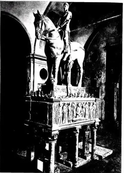 Left: ARK OF BERNABÒ VISCONTI, by a Campionese master, perhaps Bonino (late 14th cent.) - Milan, Castello Sforzesco. Right: FUNERARY MONUMENT OF GALEAZZO VISCONTI. The aedicule is by G. C. Romano, the Madonna and Child is by B. Briosco, the urn was executed to a design by G. Alessi (late 15th - earl