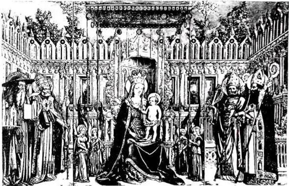 Above: VIRGIN ENTHRONED WITH CHILD AND THE FOUR SAINTS Doctors of the Latin Church, executed in 1446 by Antonio Vivarini with the help of Giovanni d'Alemagna for the Scuola della Carità - Venice, Galleria dell'Accademia. Below: VIRGIN ENTHRONED WITH CHILD AND SAINTS, signed and dated 1480 work by Alvise Vivarini - Venice, Galleria dell'Accademia.