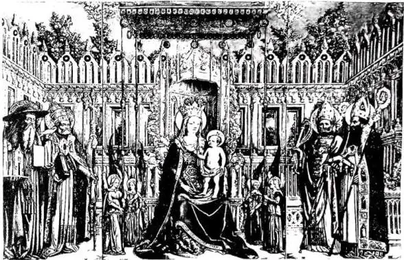 Above: VIRGIN ENTHRONED WITH CHILD AND THE FOUR SAINTS Doctors of the Latin Church, executed in 1446 by Antonio Vivarini with the help of Giovanni d'Alemagna for the Scuola della Carità - Venice, Galleria dell'Accademia. Below: VIRGIN ENTHRONED WITH CHILD AND SAINTS, signed and dated 1480 work by Al